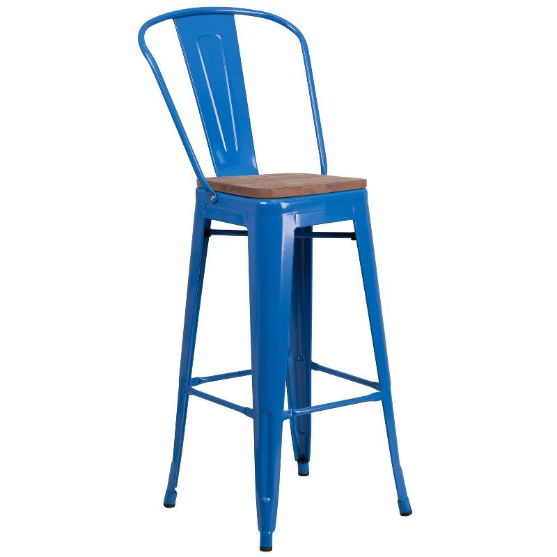 Bright Blue Metal Barstool with Wood Seat and Backrest