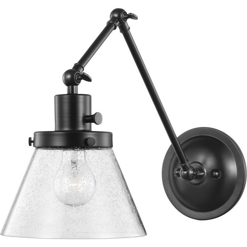 Black Steel Swing Arm Wall Sconce with Seeded Glass Shade