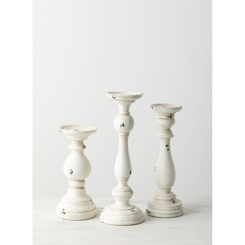 White Distressed Wood Pillar Candle Holders Set of 3