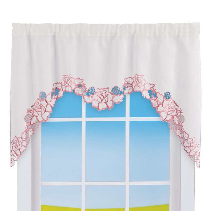 White and Mauve Embroidered Rose Polyester Window Valance