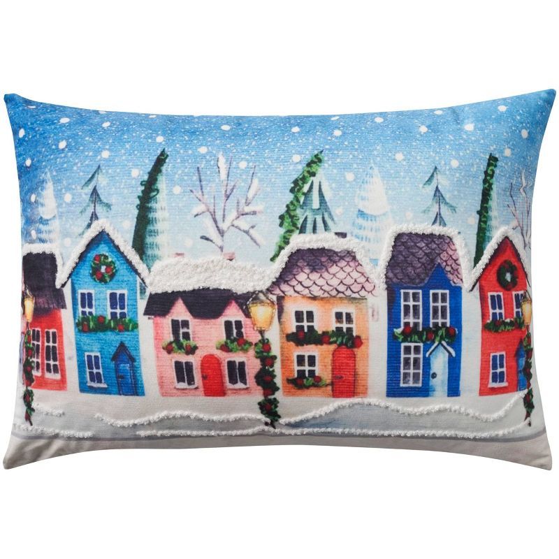 14"x20" Multicolor Holiday Village Embroidered Lumbar Pillow