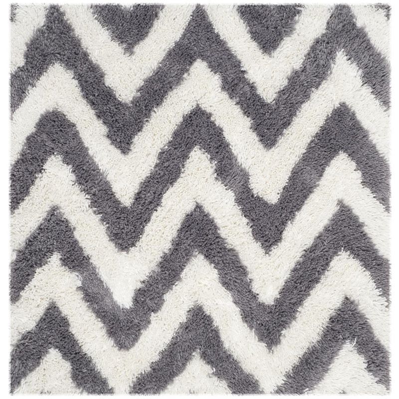 Ivory and Grey Chevron Hand-Tufted Square Shag Rug