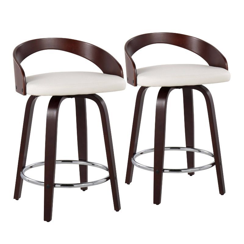 Cherry Wood and White Faux Leather Swivel Counter Stools, Set of 2