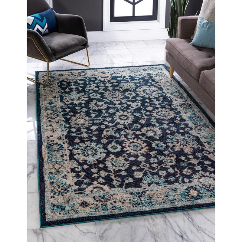 Navy Blue Floral Synthetic Rectangular Area Rug