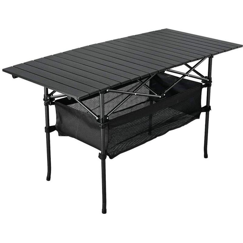 Portable Black Aluminum Folding Camping Table with Mesh Storage