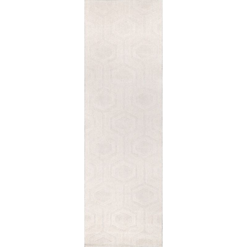 Elegant Ivory Geometric Handwoven Wool Runner Rug, 2' 6" x 8'