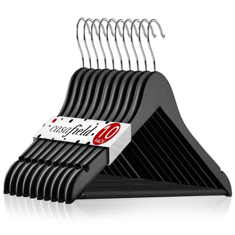 Black Wooden Suit Hangers with Non-Slip Pant Bar, 10-Pack