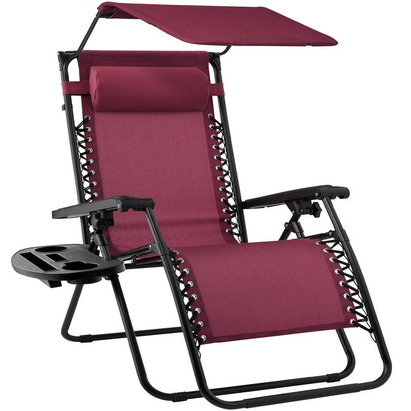 Burgundy Folding Zero Gravity Recliner with Canopy and Tray