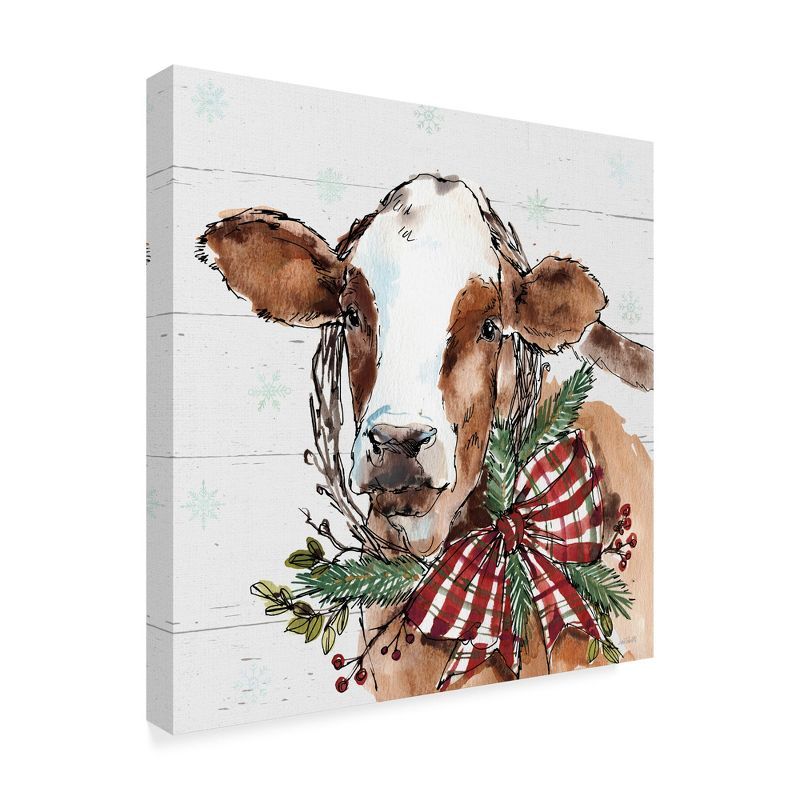 Holiday Cow with Christmas Wreath on Canvas Art, 14'' x 14''