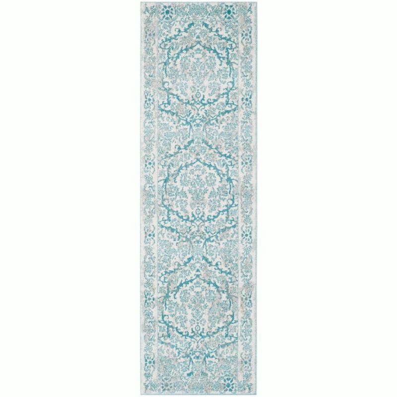 Ivory and Light Blue Synthetic Damask Runner Rug