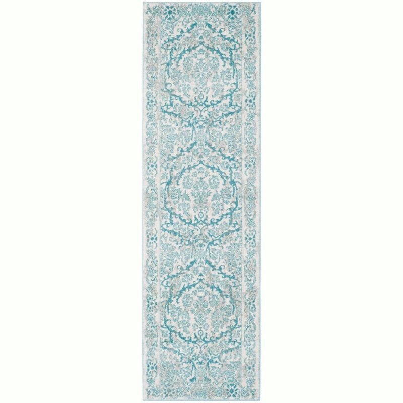 Ivory and Light Blue Synthetic Damask Runner Rug