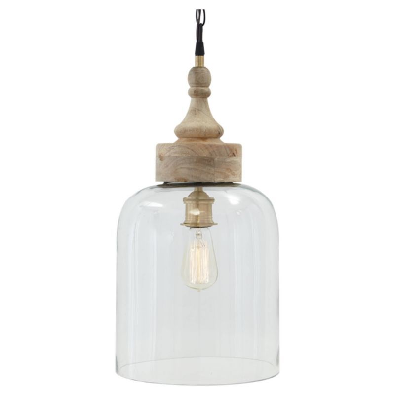 Beige Glass Globe Pendant with Natural Wood Finial 20.5"