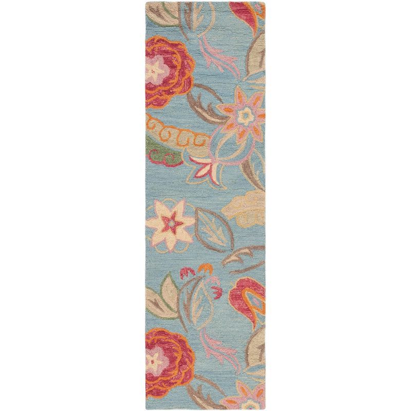 Hand-Knotted Blossom Blue Floral Wool Runner Rug, 2'6" x 12'