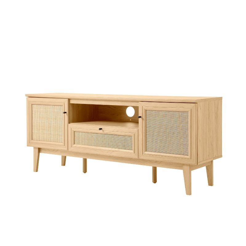 Finley 59" Oak TV Stand with Rattan Paneling and Storage