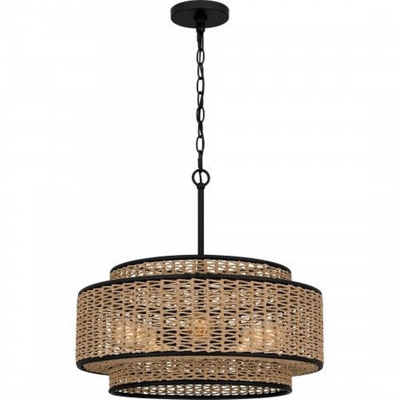 Matte Black and Natural Rope Drum Pendant Light, 5-Light