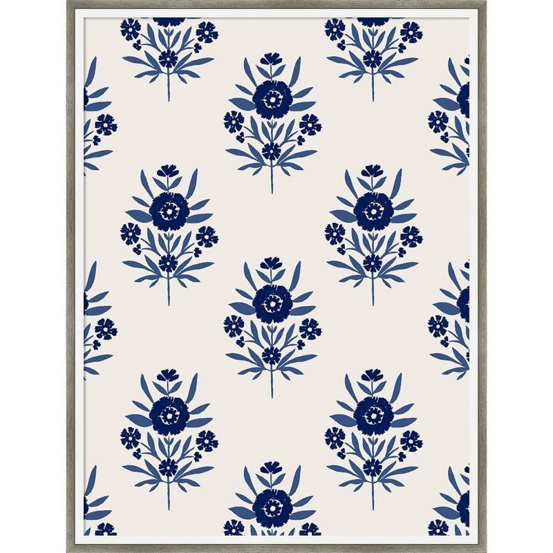 Indigo Floral Pattern Giclee Print with White Wood Frame