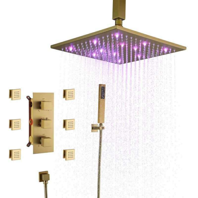 Brushed Gold LED Thermostatic Shower System with Handheld and Body Jets