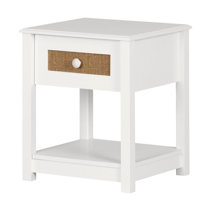 White and Faux Rattan End Table with Storage