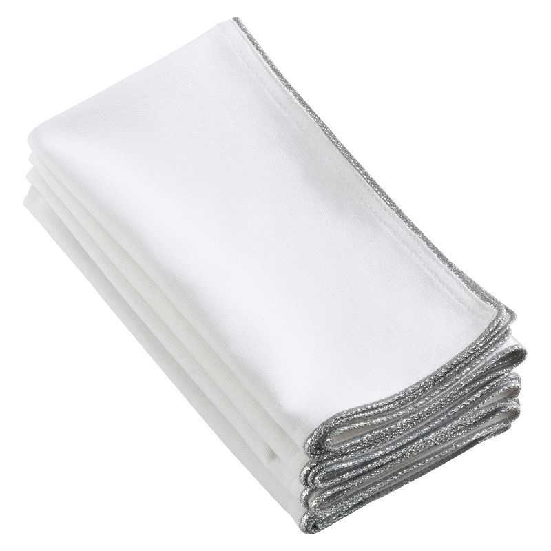 Set of 4 White Cotton Napkins with Silver Trim