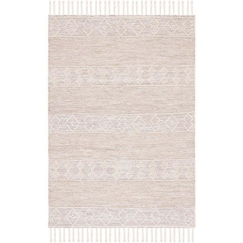 Ivory and Beige Handwoven Wool Area Rug with Fringe, 3' x 5'