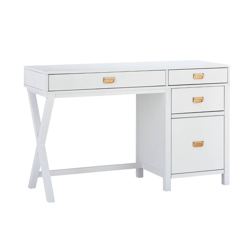 48" White Campaign Style Desk with Gold Hardware and Storage