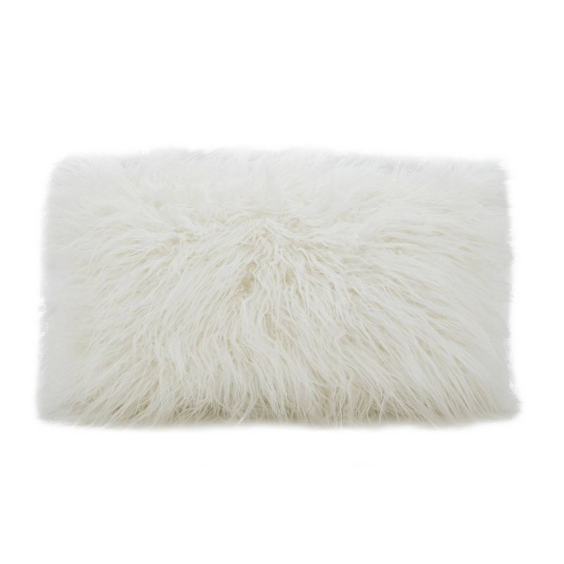 Ivory Rectangular Faux Mongolian Fur Throw Pillow 12 x 20