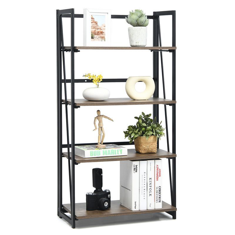 Rustic Brown 4-Tier Folding Industrial Bookshelf with Metal Frame