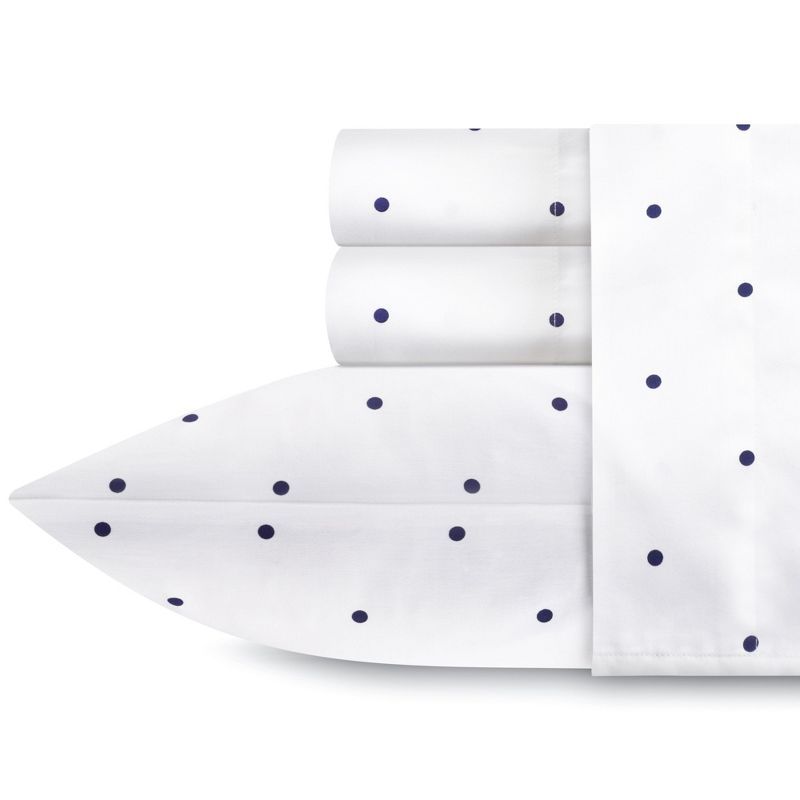 California King White and Navy Blue Cotton Polka Dot Sheet Set