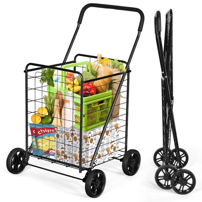 Black Steel Folding Grocery Cart with Wheels