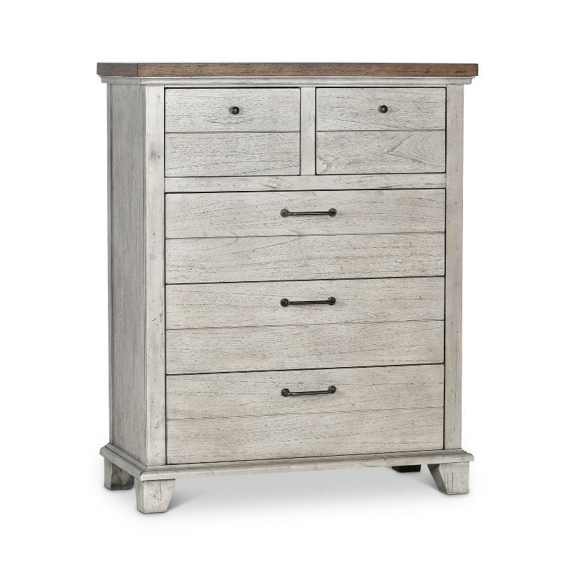 Rustic Ivory Farmhouse Chest with Honey-Stained Top and Deep Drawers