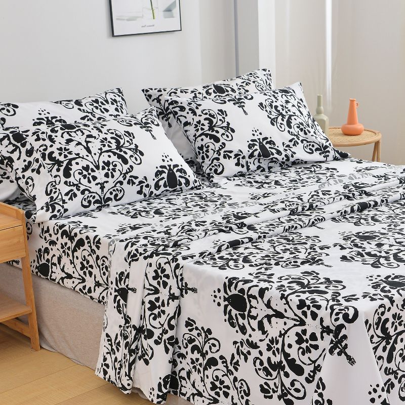 Twin Black and White Damask Microfiber Bed Sheet Set