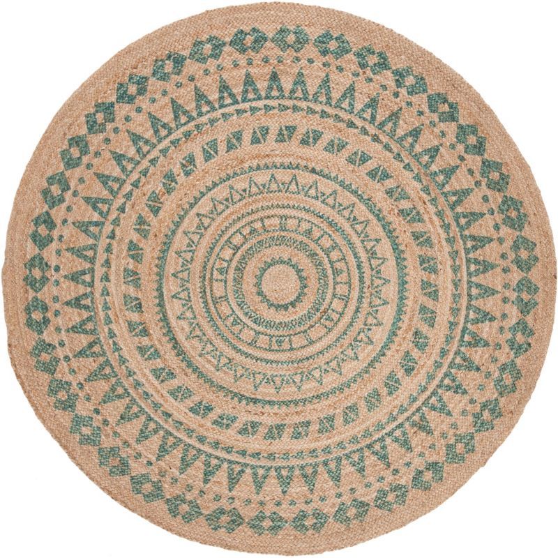 Handmade Aqua and Natural Round Jute Area Rug, 6'