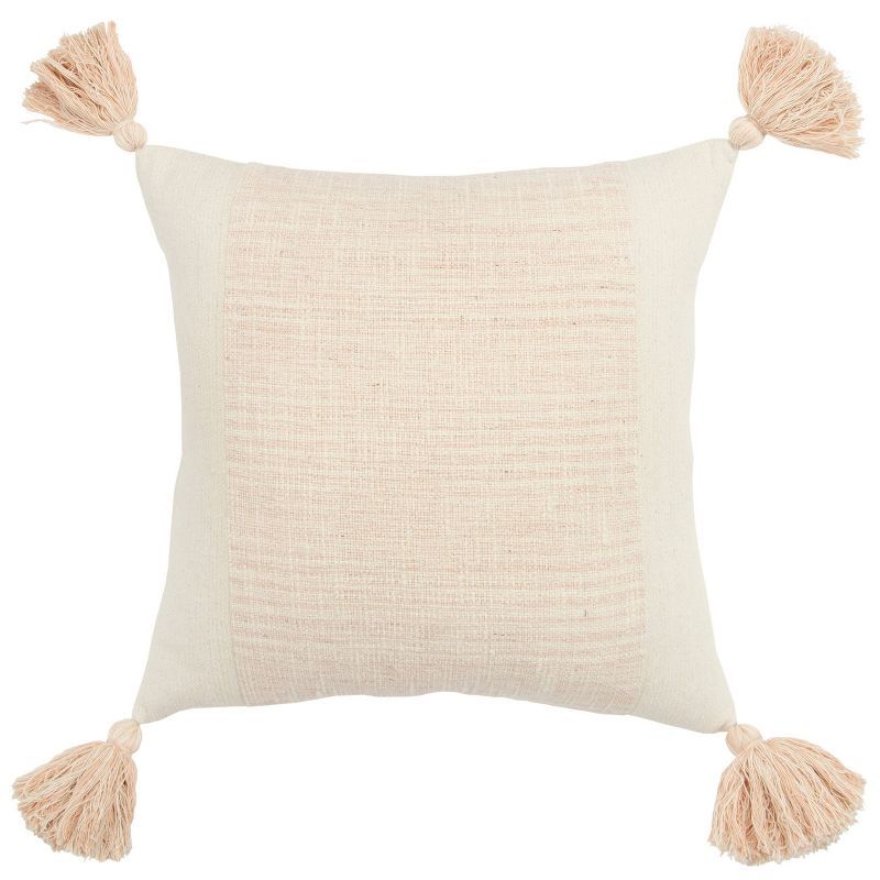 Blush & Ivory Tonal Weave 17" Square Throw Pillow with Chunky Tassels