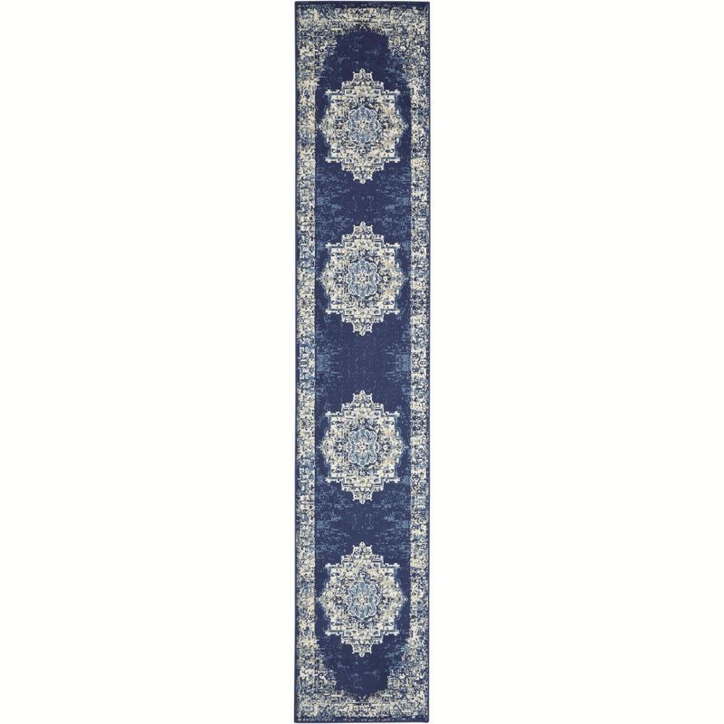 Elegant Navy Blue Medallion Medium Synthetic Rug