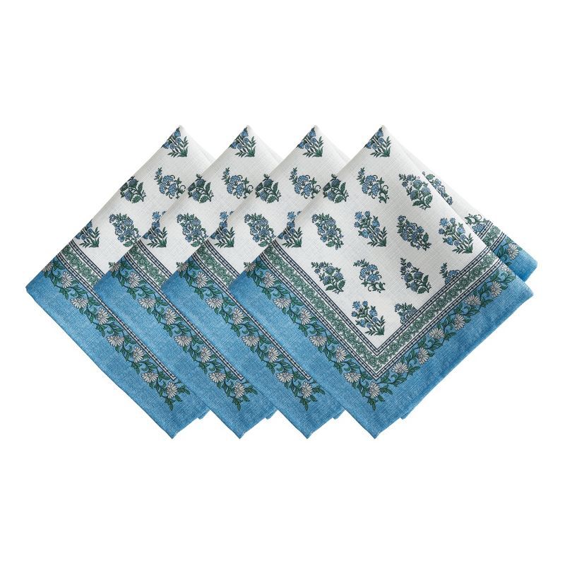 Tropez Blue and Green Polyester Block Print Napkins, Set of 4