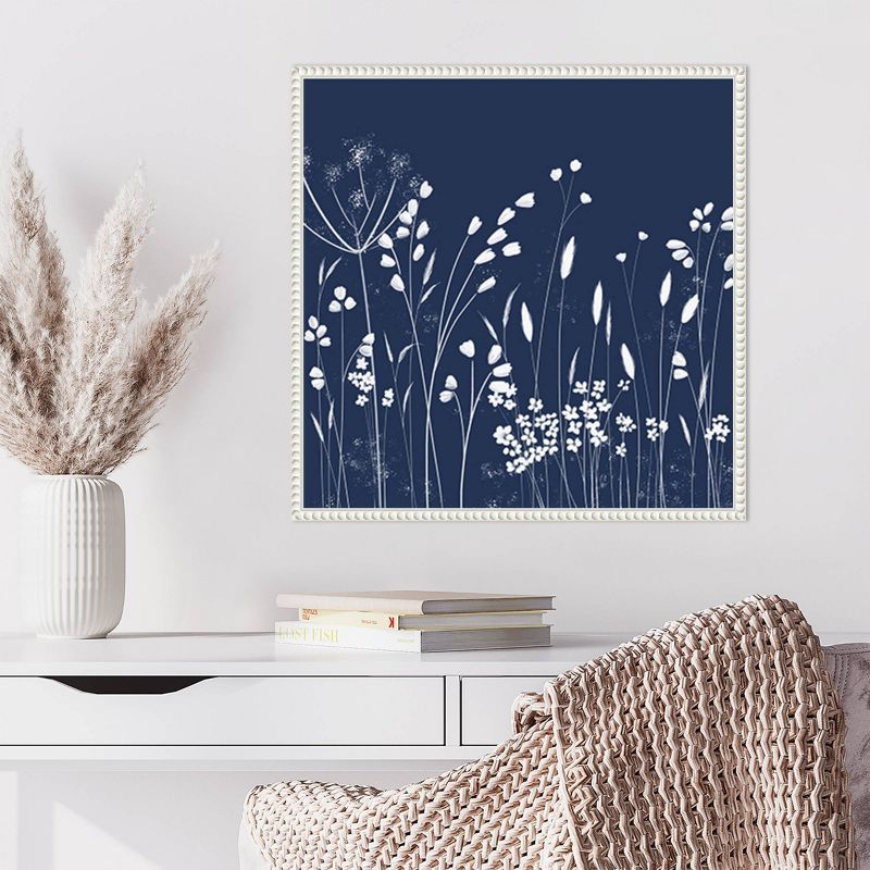 Indigo Flowers II White Floater Frame Canvas Wall Art