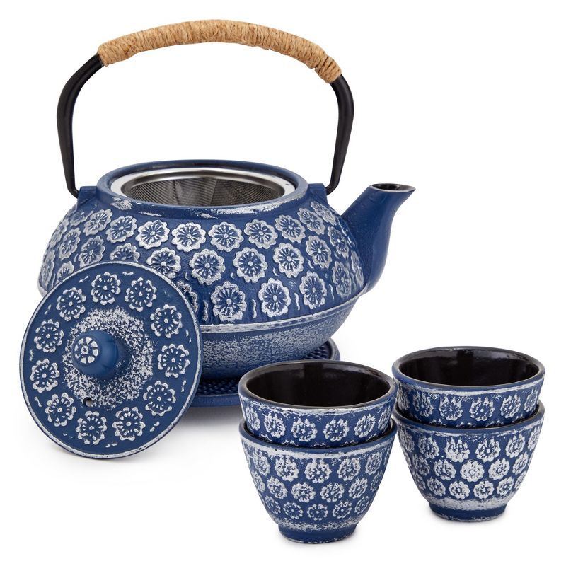 Blue Floral Cast Iron Japanese Teapot Set with Infuser and Cups