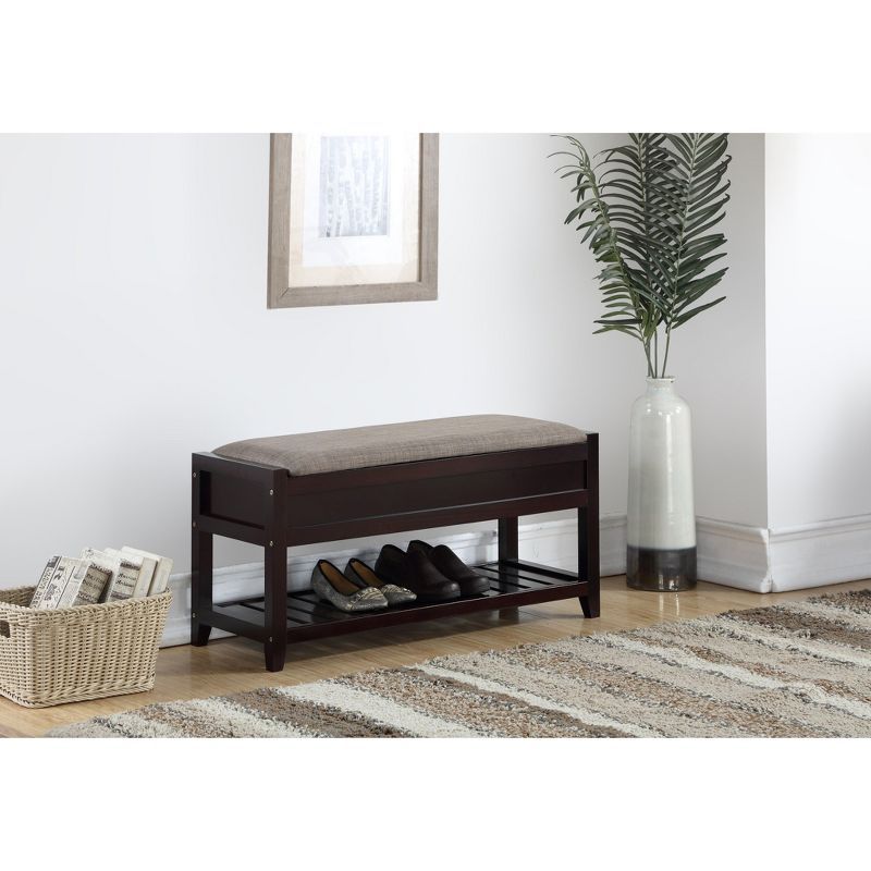 Espresso Pine Wood Bench with Brown Polyester Cushion and Storage