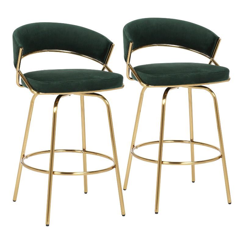 Jie 24" Green Velvet and Gold Metal Swivel Counter Stool