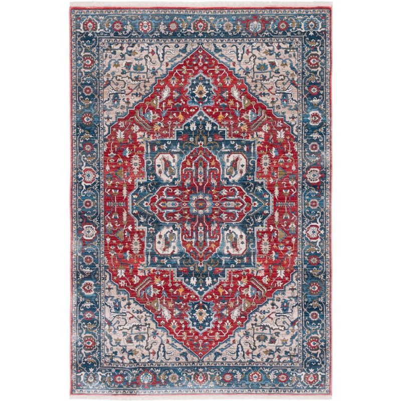 Vintage Red and Blue Hand-knotted Synthetic Area Rug 5' x 7'