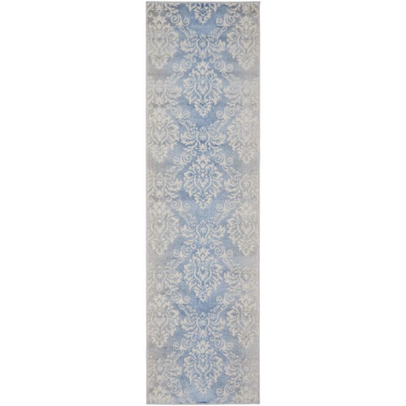 Ivory Blue Floral Damask Low-Profile Area Rug