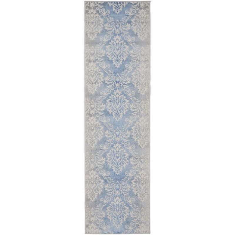 Ivory Blue Floral Damask Low-Profile Area Rug