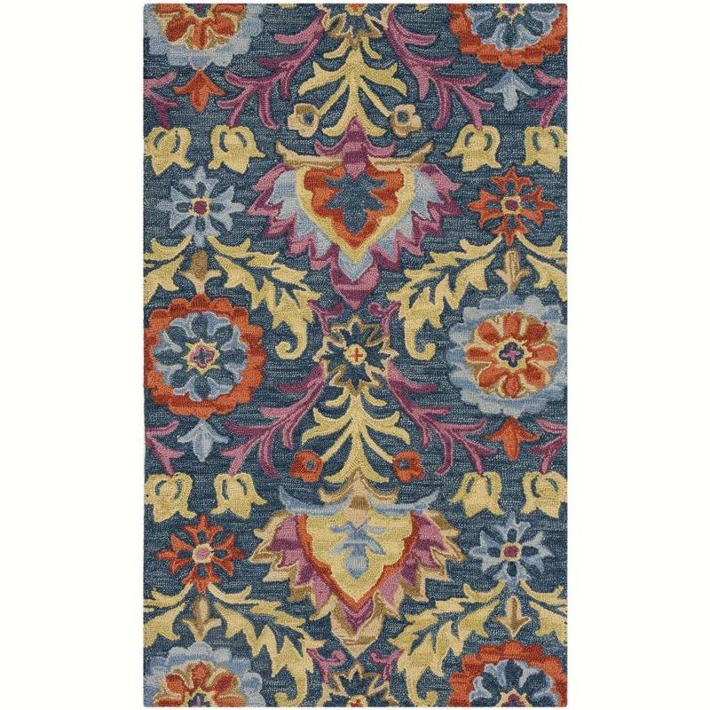 Hand-Knotted Floral Blue Wool Square Area Rug 3' x 5'