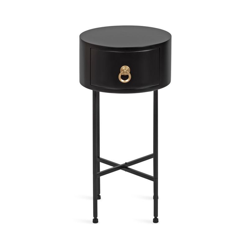 Black and Gold Round Wood Side Table with Storage