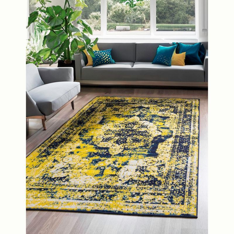 Navy Blue and Yellow Synthetic Reversible Area Rug