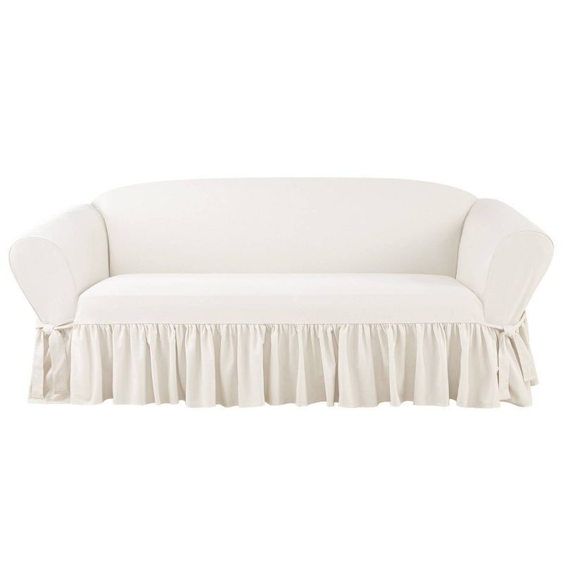 White Cotton Twill Ruffled Sofa Slipcover