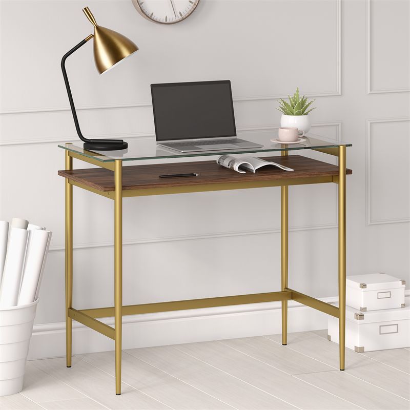 Eaton Mid-Century Brass Desk with Tempered Glass Top and Walnut Shelf