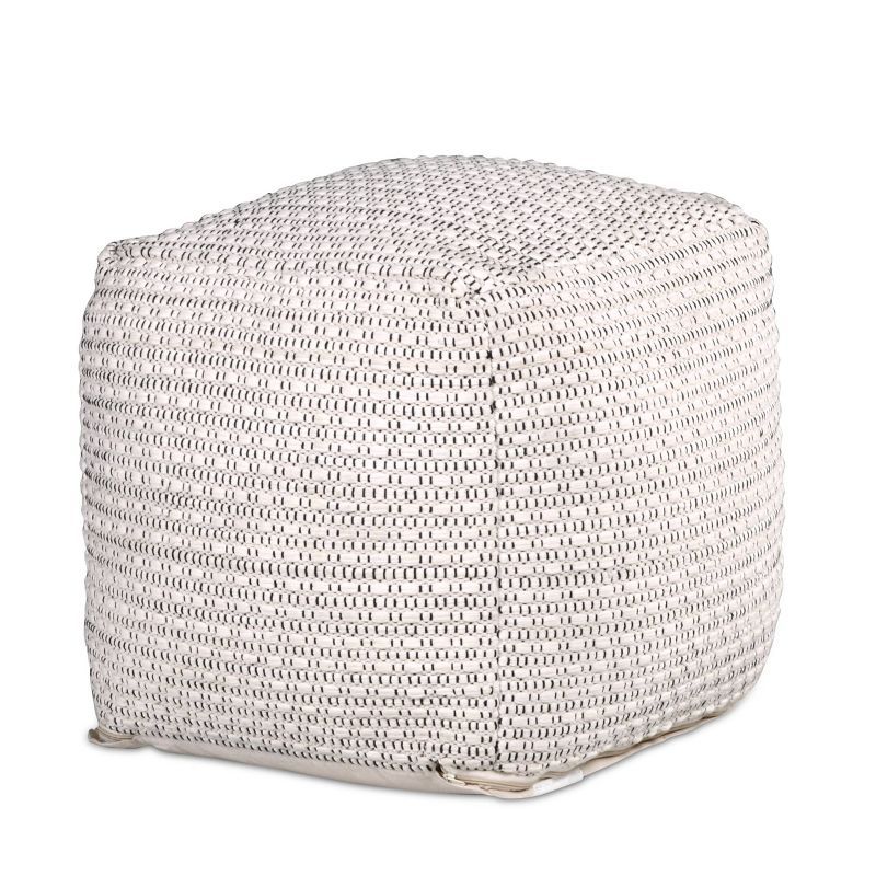 Ivory Handwoven Wool-Cotton 18'' Square Pouf Ottoman