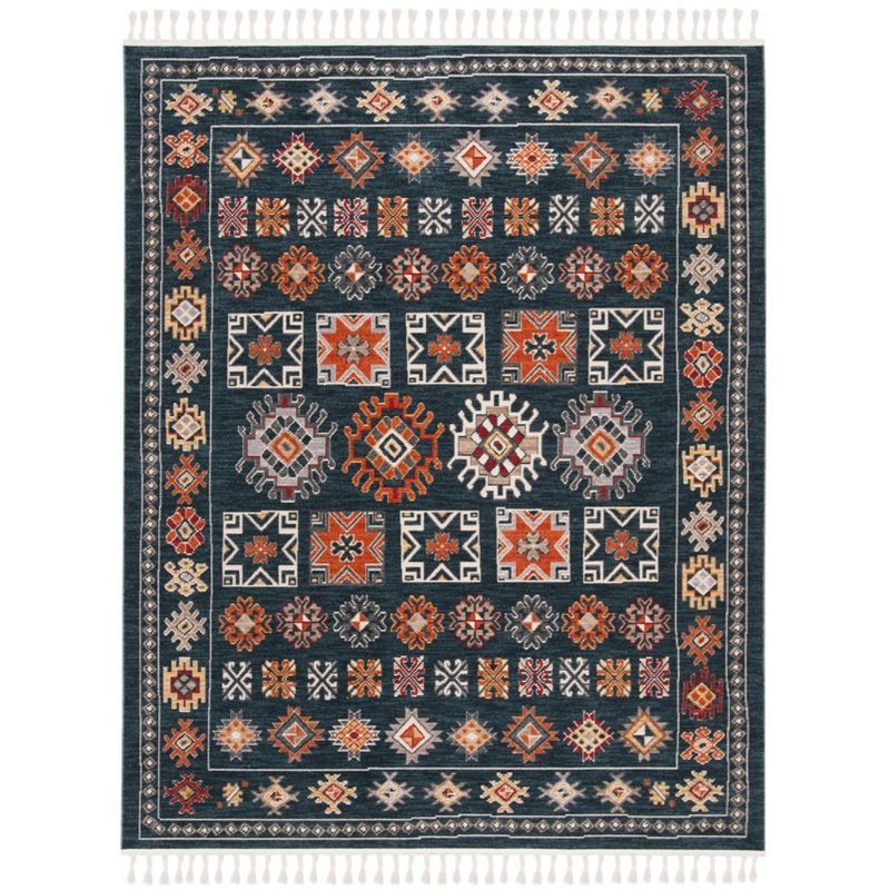Navy and Orange Medallion Cotton Synthetic 8' x 10' Rug