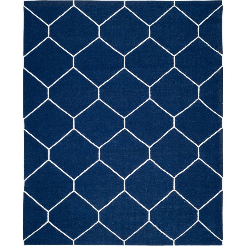 Navy and Ivory Geometric Handmade Wool Flat Woven Rug, 8' x 10'
